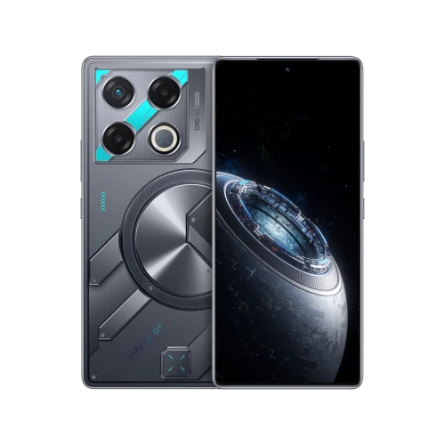 Infinix GT 20 Pro mavi akıllı telefon, ön ekran ve üç kameralı arka tasarım vitrin görünümü