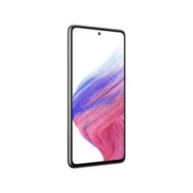 Samsung Galaxy A53 siyah akıllı telefon, önden görünüm, ince çerçeveli ekran ve delikli kamera tasarımı
