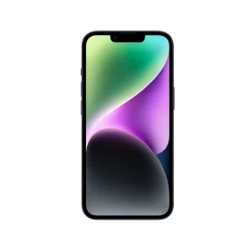 Apple iPhone 14 siyah akıllı telefon, önden görünüm; ekranında renkli degrade duvar kâğıdı ve çentikli tasarım