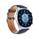 Gümüş Honor Watch GS 3 akıllı saat, lacivert ve kahverengi deri kayışlı, dünya haritalı yuvarlak ekran