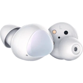 Samsung Galaxy Buds Tam Kablosuz beyaz kulaklık, önden ve iç kısmı görünen iki kulaklık