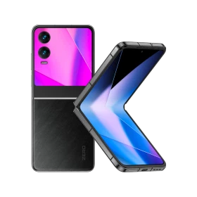 Siyah Infinix Zero Flip katlanabilir akıllı telefon, ön ekranı açık, arka kamera ve kapak ekranı görünümü