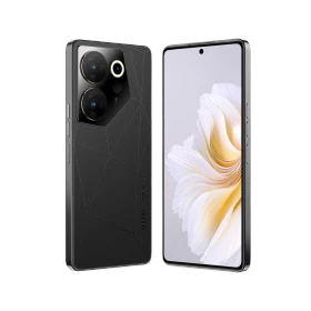 Tecno Camon 20 Premier 5G siyah akıllı telefonun ön ekranı ve arka kamera modülü, vitrin görünümü