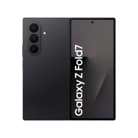 Siyah Samsung Galaxy Z Fold7 akıllı telefon, katlanabilir tasarım; arka üçlü kamera ve ön ekran görünümü
