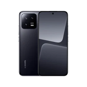 Siyah Xiaomi 13 akıllı telefon, ön ekran ve arka yüzeyiyle vitrin çekiminde detaylı olarak sunuluyor