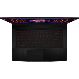 MSI Thin GF63 12UCX-427XTR siyah oyuncu laptop, RGB ışıklı Türkçe klavye ve üst görünüm.