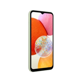 Samsung Galaxy A14 yeşil akıllı telefon, ön yüz ekran tasarımı ve ince çerçeveli görünüm