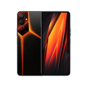 Tecno Pova 4 turuncu akıllı telefon, ön ekran ve arka çift kamera tasarımıyla vitrin görünümü