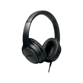 Bose SoundTrue II iOS kablolu siyah kulaklık, yastıklı kulaklık pedleri ve kablosuyla önden görünüm