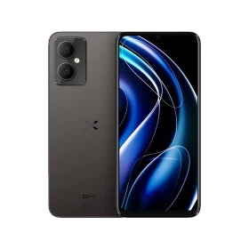 Omix X4 siyah akıllı telefon, ön ekran ve arka yüz tasarımıyla çift kamera modülü görünümü