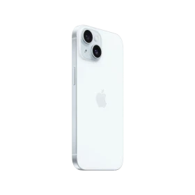 Apple iPhone 15 Plus mavi akıllı telefon, çift arka kamera ve Apple logosu görünen arka tasarım