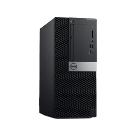 Dell Optiplex 5060 masaüstü bilgisayar, siyah kasa ve ön panel bağlantılarıyla üç çeyrek açıdan görünümü