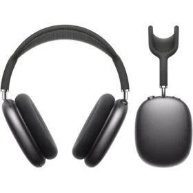 Apple AirPods Max Kablosuz gri kulaklık, önden görünümde yumuşak kulak yastıklarıyla geschniegelt