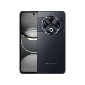 Tecno Spark 30 siyah akıllı telefon, ön ekran ve dairesel çoklu kamera modüllü arka tasarım görünümü