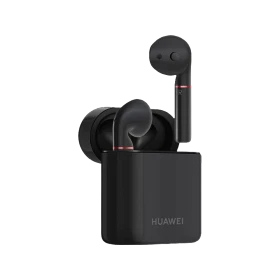 Huawei FreeBuds 2 Pro Tam Kablosuz siyah kulaklık, şarj kutusu ve iki kulaklık birlikte görünür
