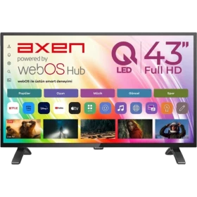 Axen AX43QMN540SC-S Full HD LED televizyon, siyah çerçeveli ekranda webOS arayüzüyle önden görünüm