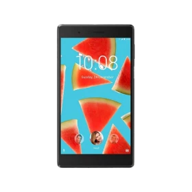 Lenovo TAB 7 TB-7504F siyah tablet ekranında 10:08 ve karpuz temalı arayüz görünüyor