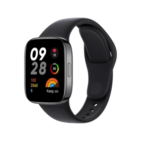 Siyah Xiaomi Redmi Watch 3 akıllı saat, renkli sağlık göstergeleri ve silikon kordonuyla önden görünüm