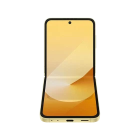 Sarı Samsung Galaxy Z Flip6 katlanabilir akıllı telefon, açık konumda ön ekrandan görünüm