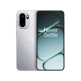 Gümüş OnePlus Ace 6 akıllı telefon, ön ekran ve arka yüzeyiyle vitrin görünümünde detaylı ürün sunumu