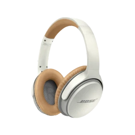 Bose SoundLink II Kablosuz beyaz kulaklık, kahverengi dolgulu kulak yastıklarıyla önden görünüm