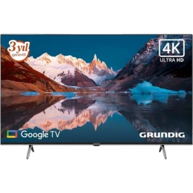 Grundig 43 GJU 8500 A Ultra HD 4K LED TV, dağ manzarası ve Google TV ekranıyla önden görünüm