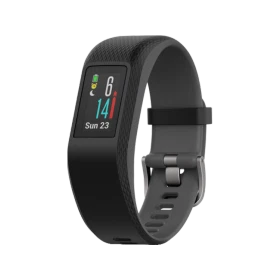 Garmin Vivosport siyah akıllı bileklik, renkli ekranı ve ayarlanabilir kayışıyla önden görünüm