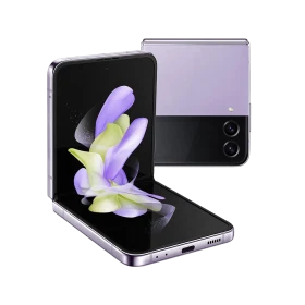 Samsung Galaxy Z Flip4 lavanta renk katlanabilir akıllı telefon, açık konumda ekran ve çift kamera görünümü