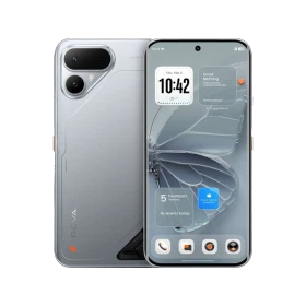 Tecno Pova Curve 2 5G titanyum akıllı telefon, ön ekran ve arka yüzey tasarımıyla yan yana görünüm