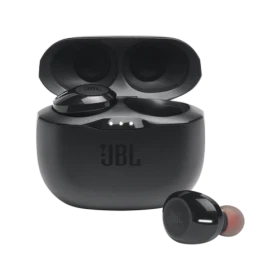 JBL Tune 125TWS siyah tam kablosuz kulaklık, açık şarj kutusu ve çıkarılmış kulaklıkla birlikte