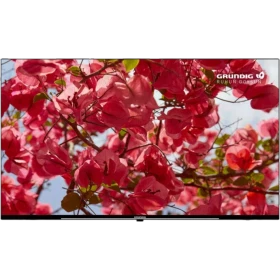 Grundig 43 GEF 6950 B Full HD LED TV, ekranda pembe çiçek dalları görüntüsüyle önden görünür.