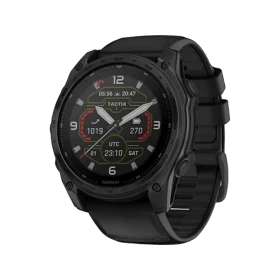 Siyah Garmin tactix 8 51 mm Solar aktivite saati, yuvarlak ekranı ve siyah silikon kayışıyla görünür durumda