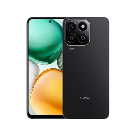 Honor X7C siyah akıllı telefon, vitrin görünümü; ön ekran ve arka çoklu kamera modülüyle birlikte