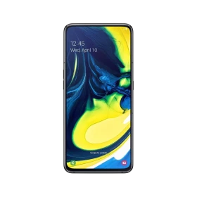 Samsung Galaxy A80 siyah akıllı telefon, önden görünüm tam ekran tasarımıyla vitrin çekimi