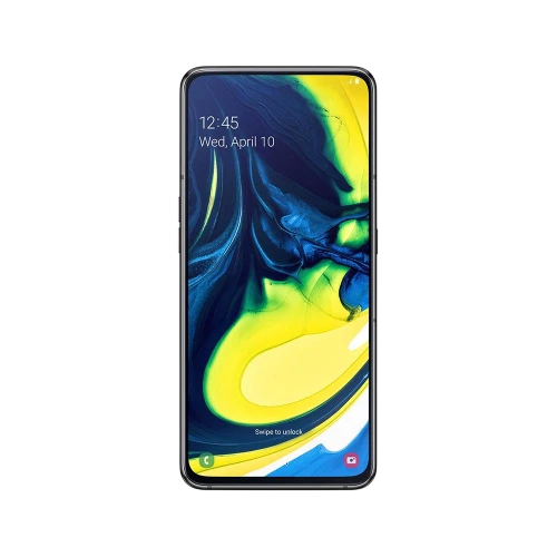 Samsung Galaxy A80 siyah akıllı telefon, önden görünüm tam ekran tasarımıyla vitrin çekimi