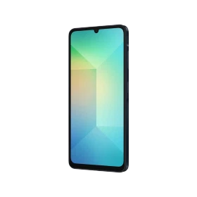 Samsung Galaxy A06 siyah akıllı telefonun önden görünümü, damla çentikli geniş ekran tasarımı