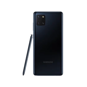Samsung Galaxy Note 10 Lite siyah akıllı telefon, arka kamera modülü ve S Pen kalemle arka görünüm