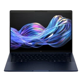 HP EliteBook X Flip G1i 14 AI siyah 2’si 1 arada laptop, katlanır ekran ve canlı dalga arayüzüyle görünüyor