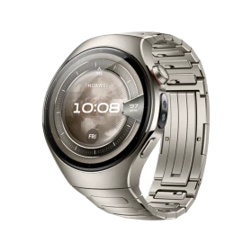 Huawei Watch 5 Titanyum 46mm akıllı saat, titanyum renkli metal kordonu ve yuvarlak ekranıyla önden görünür.