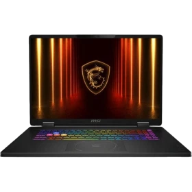 MSI Crosshair 18 HX AI A2XWGKG-032XTR siyah oyuncu laptop; RGB ışıklı klavye ve kalkan logosu ekranı.