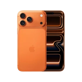 Turuncu Apple iPhone 17 Pro akıllı telefon, üçlü kamera modülü ve ön ekran tasarımıyla vitrin görünümü