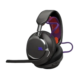 JBL Quantum 950 Kablosuz siyah oyuncu kulaklığı, mor detaylı kafa bandı ve mikrofonuyla önden görünüm