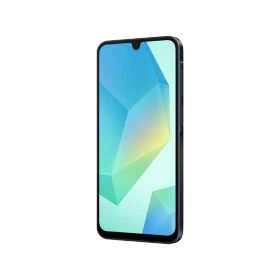 Samsung Galaxy A16 5G siyah akıllı telefonun önden görünümü, çentikli geniş ekran tasarımı