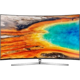 Samsung 65MU9500 Ultra HD 4K LED televizyon ekranında renkli manzara, genel siyah tasarım