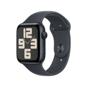 Apple Watch SE 2 2024 44 mm siyah alüminyum kasalı, spor kordonlu akıllı saat; ekranı açık