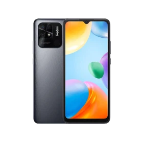 Xiaomi Redmi 10C siyah akıllı telefonun ön ekranı ve arka kamera modülü, vitrin görünümü