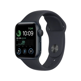 Siyah Apple Watch SE 2 2022 40 mm alüminyum kasa ve spor kordonlu akıllı saat, önden görünüm