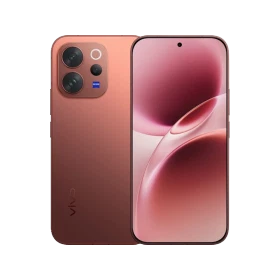 Vivo V70 kırmızı akıllı telefon, ön ekran ve arka kamera modülüyle önden ve arkadan görünüm