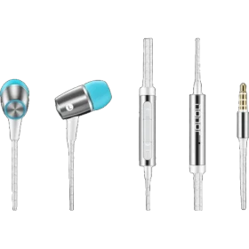 Huawei AM12 Plus Kablolu gümüş kulaklık, kulak içi tasarım ve kablo üzeri kontrol düğmeleriyle görülüyor