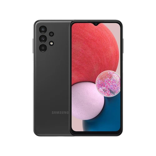 Samsung Galaxy A13 siyah akıllı telefon, ön ekran ve arka kamera tasarımıyla vitrin görünümü